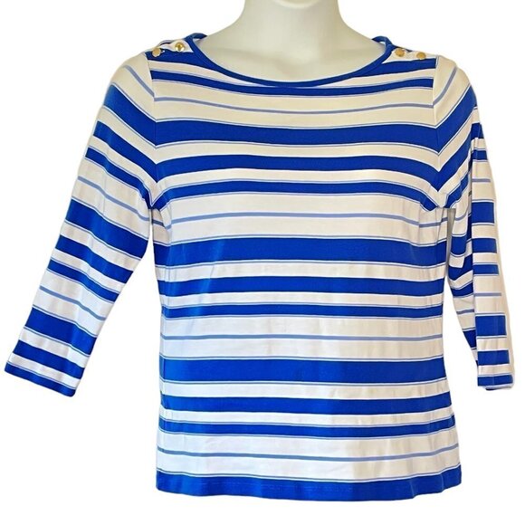 Lauren Ralph Lauren Sailor Tee has Boat Neck Gold Tone Buttons Blue White Stripe - Picture 1 of 10
